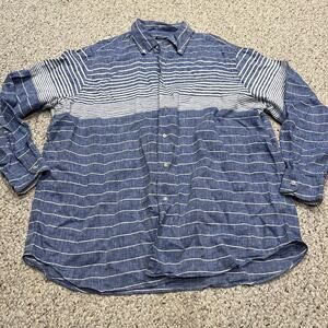Cremieux Striped Long Sleeve Linen Button Down Sz XXL Blue white Coastal